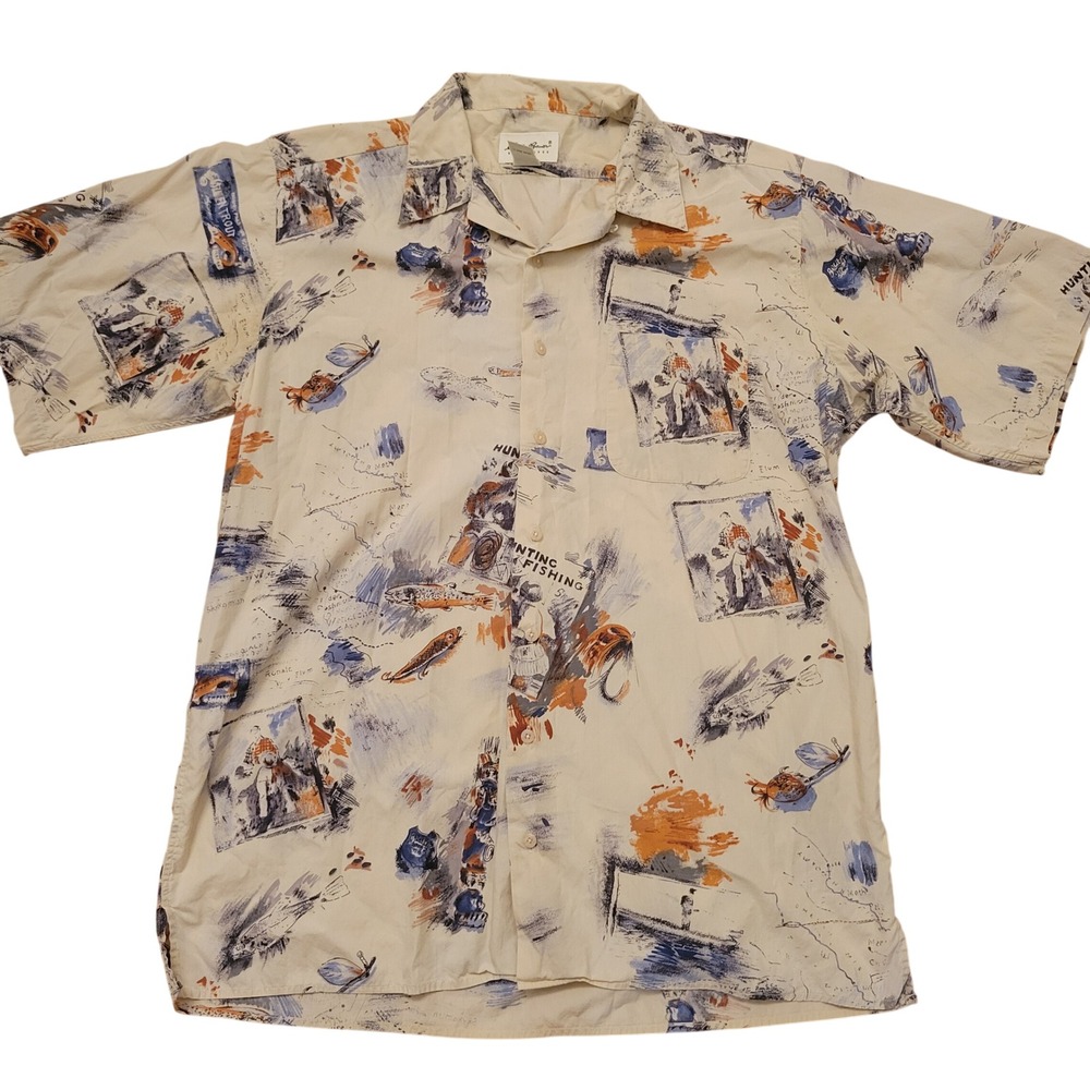 Eddie Bauer L Tall Button Down Cream Fishing Hunting Graphic Print Camp Shirt